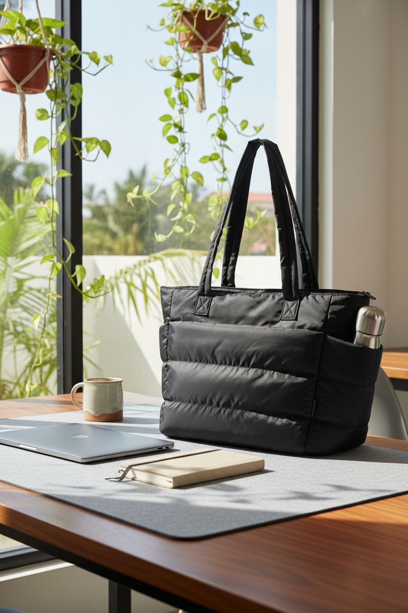 BAGSMART black quilted tote bag on a coworking desk with greenery and a laptop.