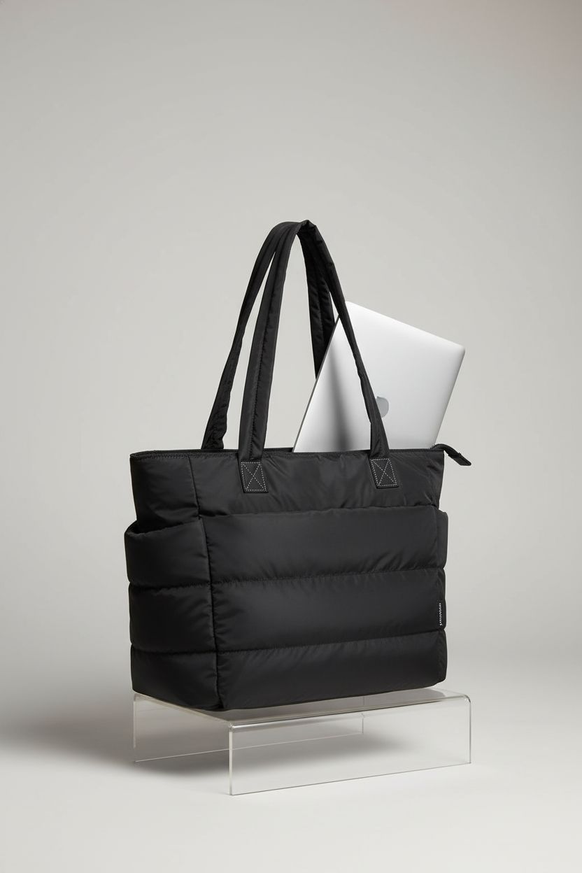 BAGSMART black puffer tote bag displayed on a pedestal with a laptop for scale.