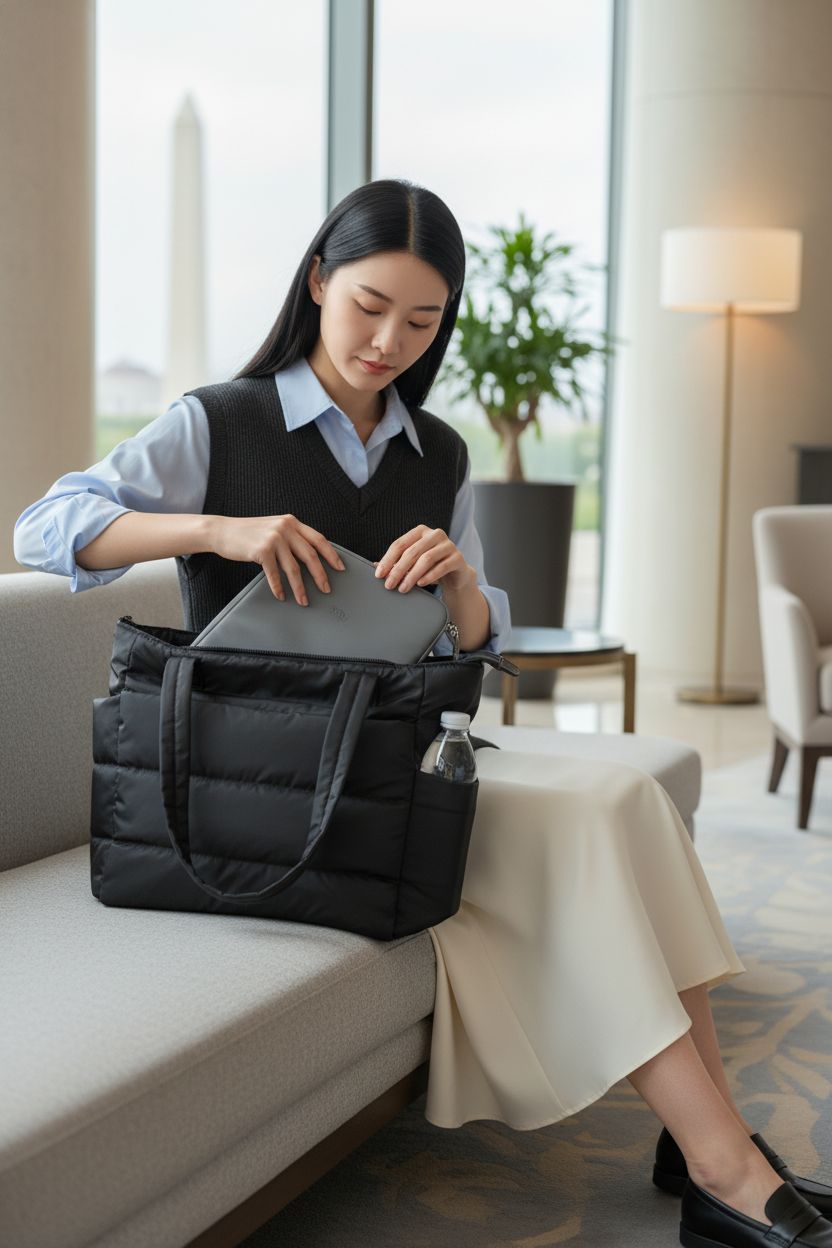 BAGSMART lightweight black tote bag with laptop sleeve displayed in office environment.