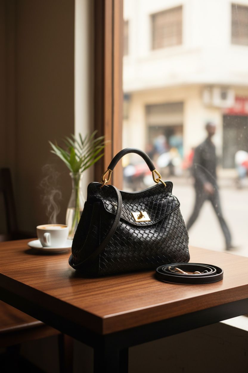 JW PEI Women's Lucia Classic Top Handle Woven Bag in black on a walnut table with cappuccino