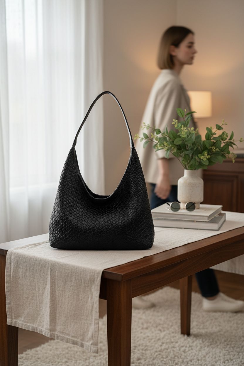 Black woven leather hobo bag on a stylish console, exuding cozy vibes from Amszke.