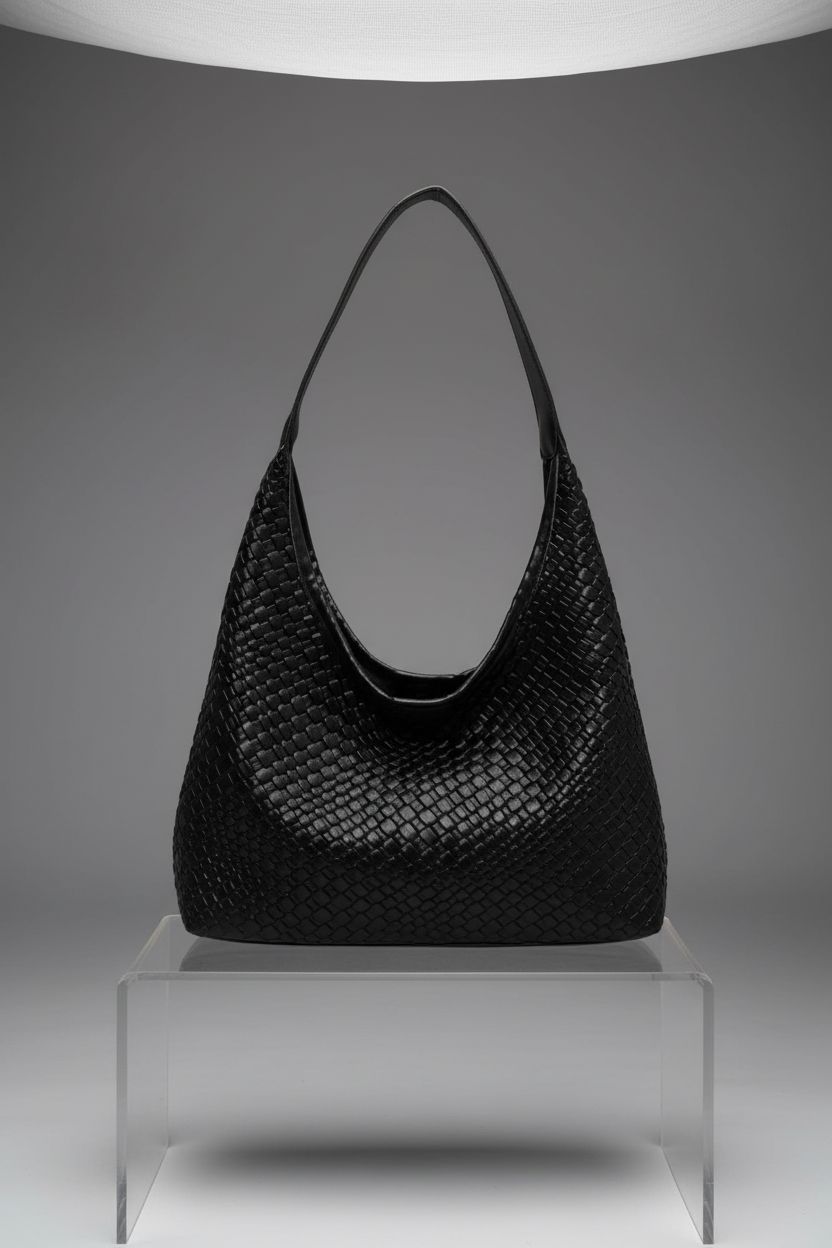 Elegant black woven leather hobo bag on display, highlighting Amszke's craftsmanship.