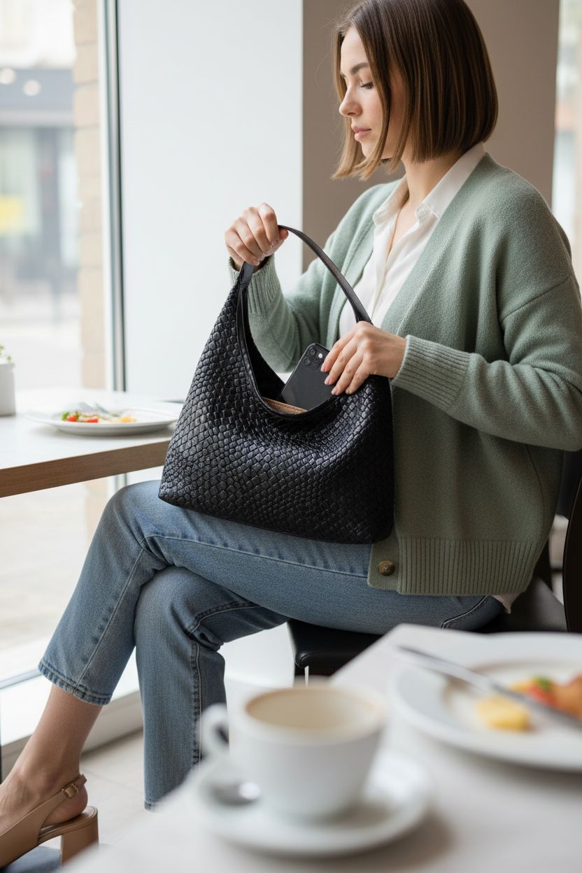 Black woven leather hobo bag on a table, showcasing Amszke's stylish design.