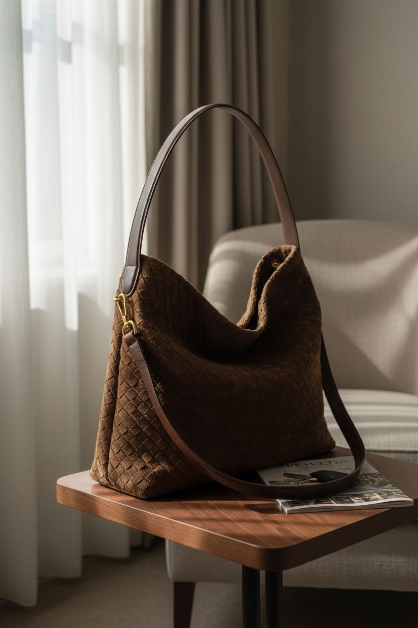 Woven suede hobo bag by Molodo placed elegantly in a boutique hotel setting for travel.