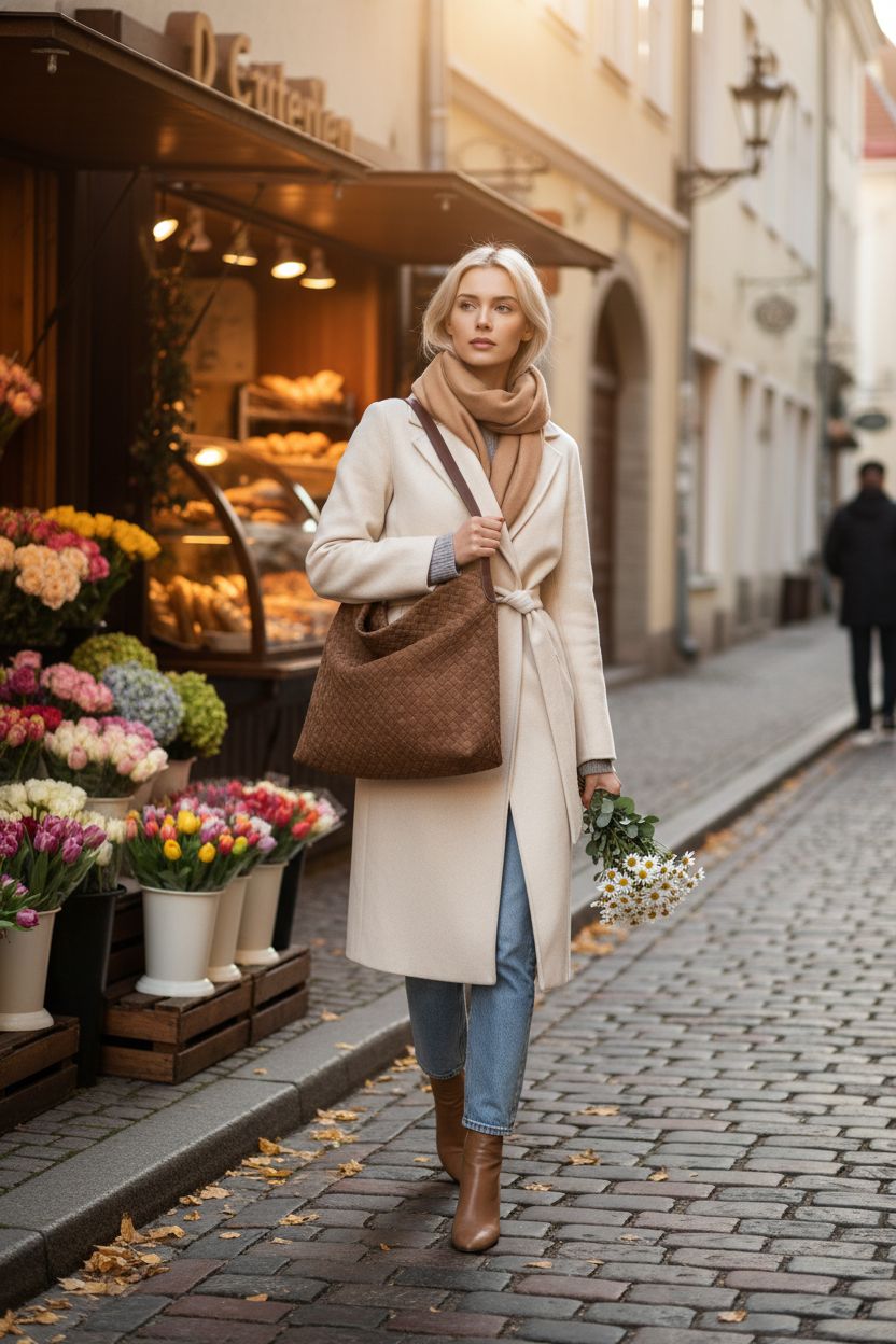 Woven suede shoulder bag by Molodo showcased on cobblestone streets, exuding retro charm.