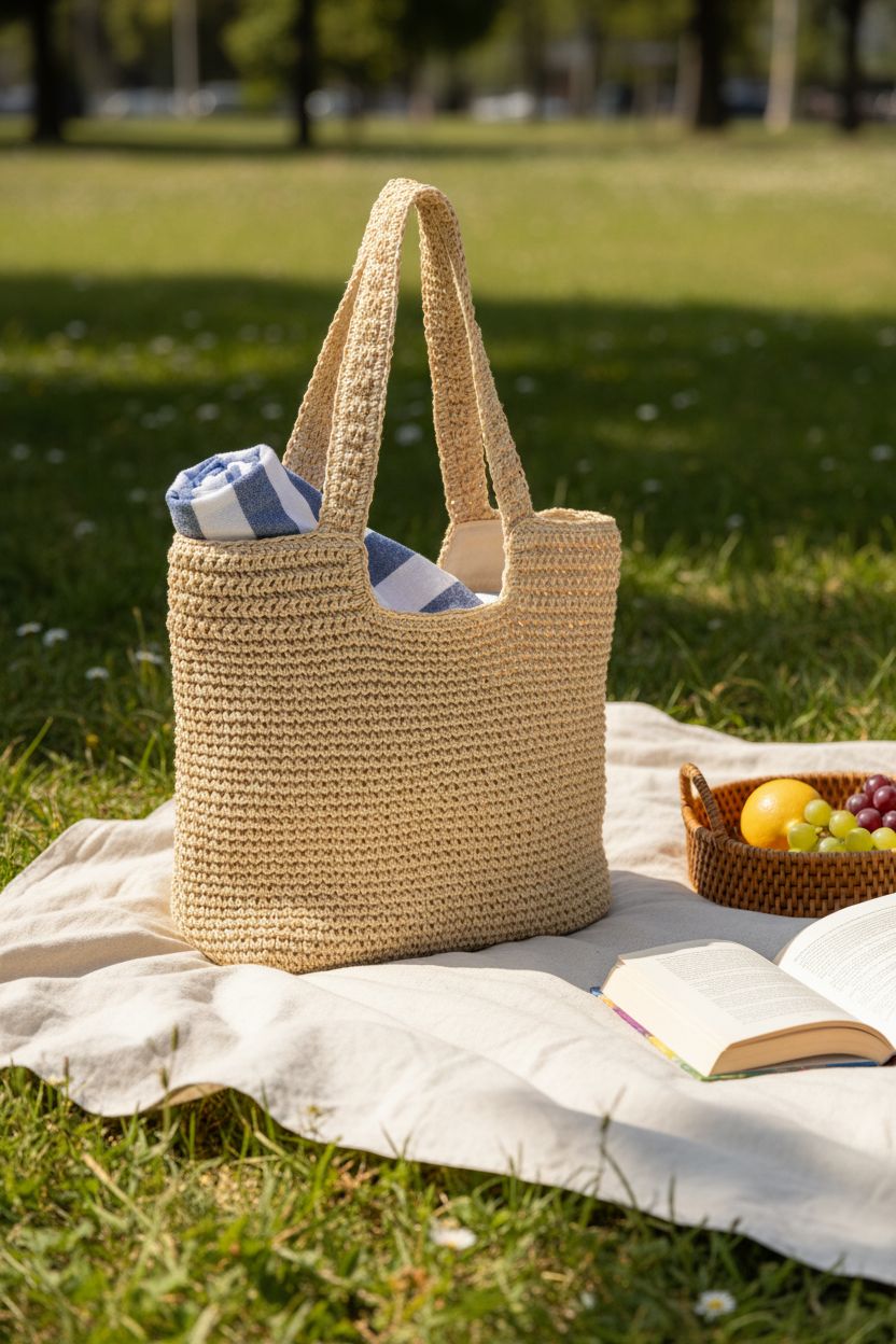 GOLDTIMO beach bag on a picnic blanket with wildflowers, emphasizing its woven texture and summer vibes.
