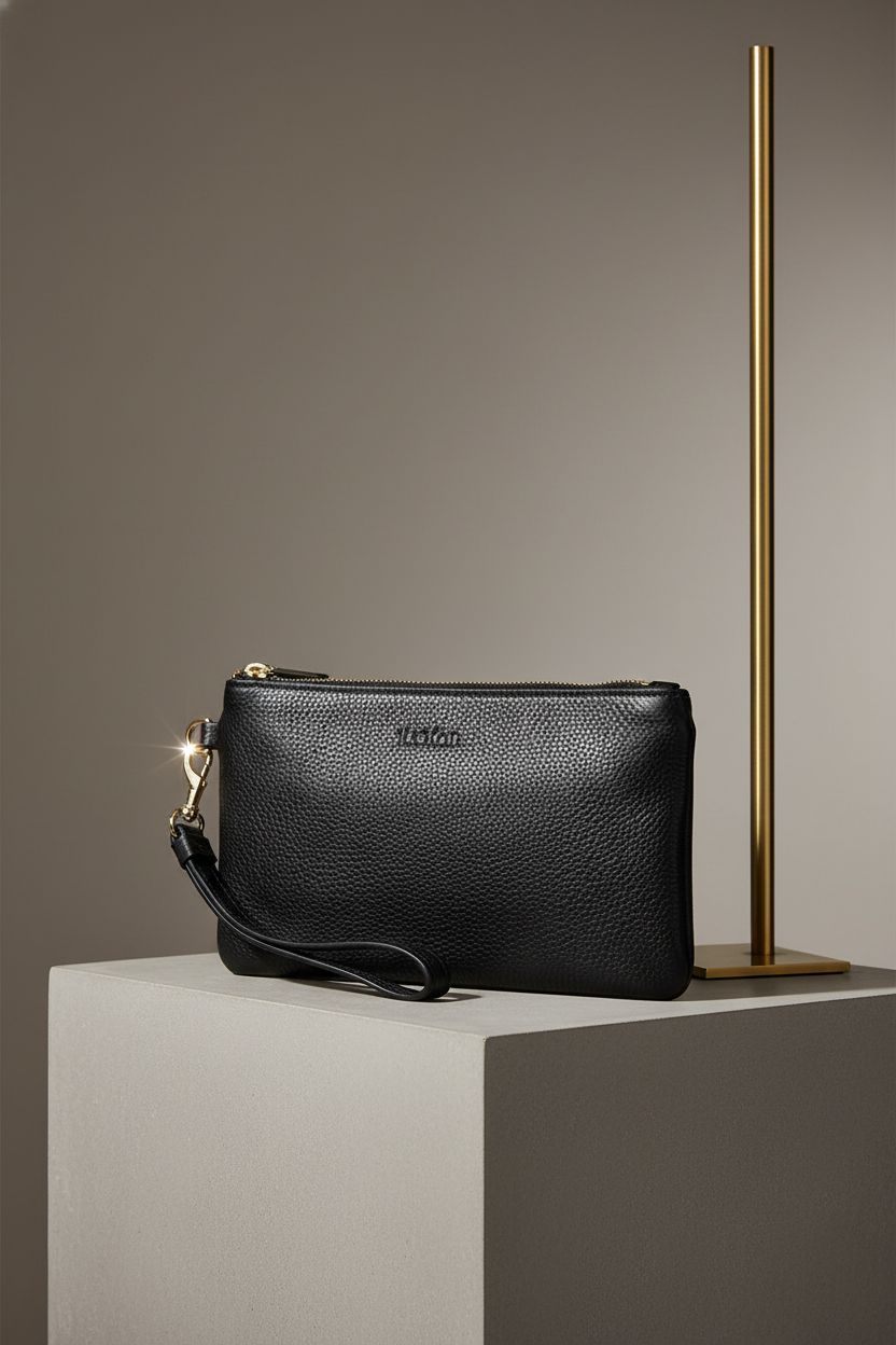 Befen wristlet purse showcasing pebble leather and gold hardware on display