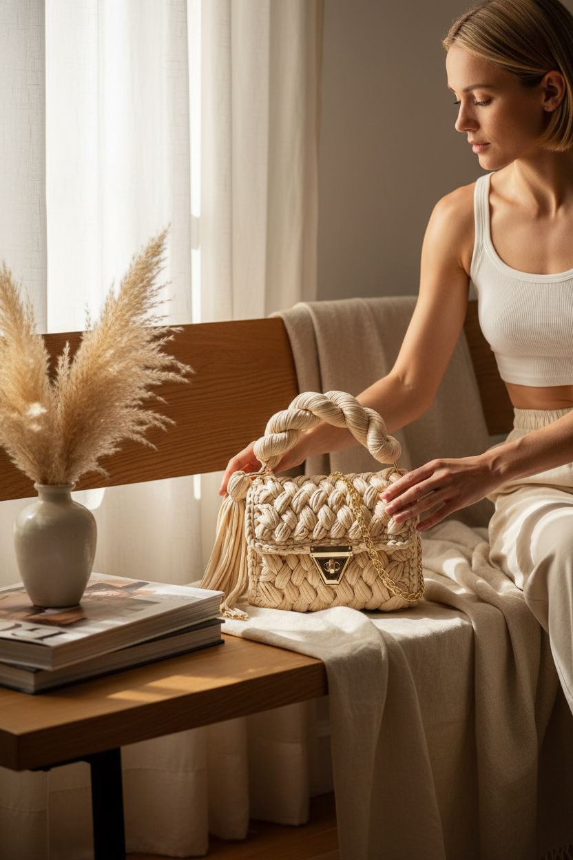 Hzxsny chunky yarn purse on an oak bench in a sunlit apartment nook