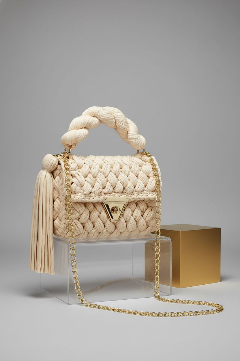 Product shot of Hzxsny chunky yarn tote purse showcasing its design details