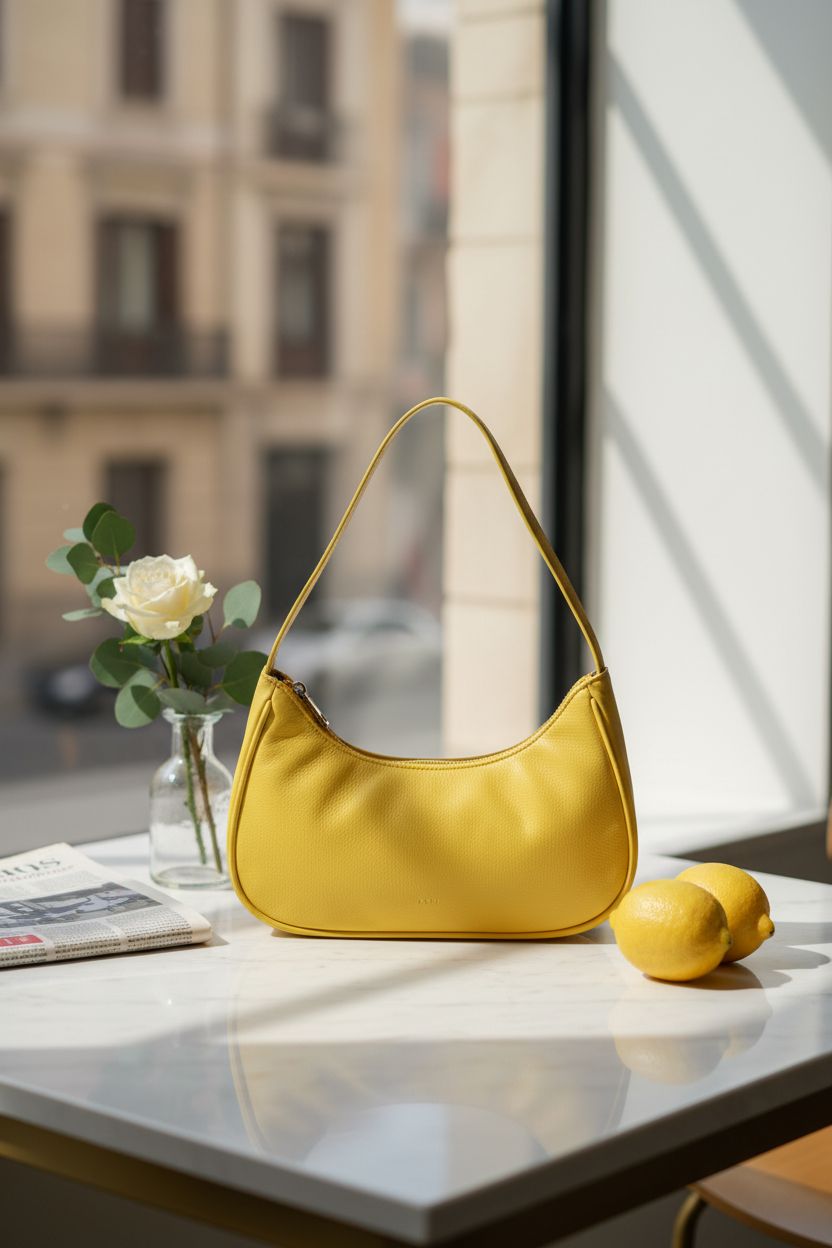 Afashor yellow purse on marble table with greenery and lemons, emphasizing elegant design and texture