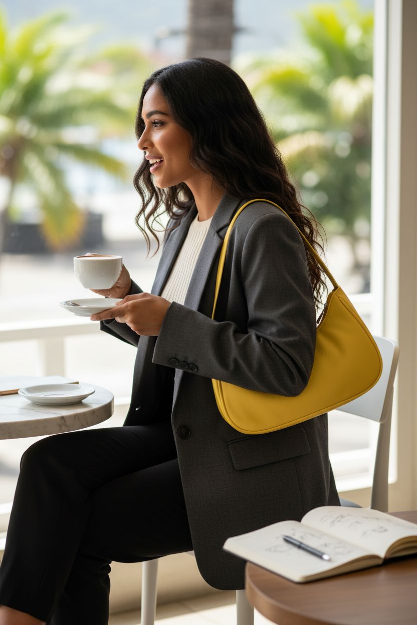 Afashor vegan leather yellow purse on a café table, highlighting zipper detail and chic design