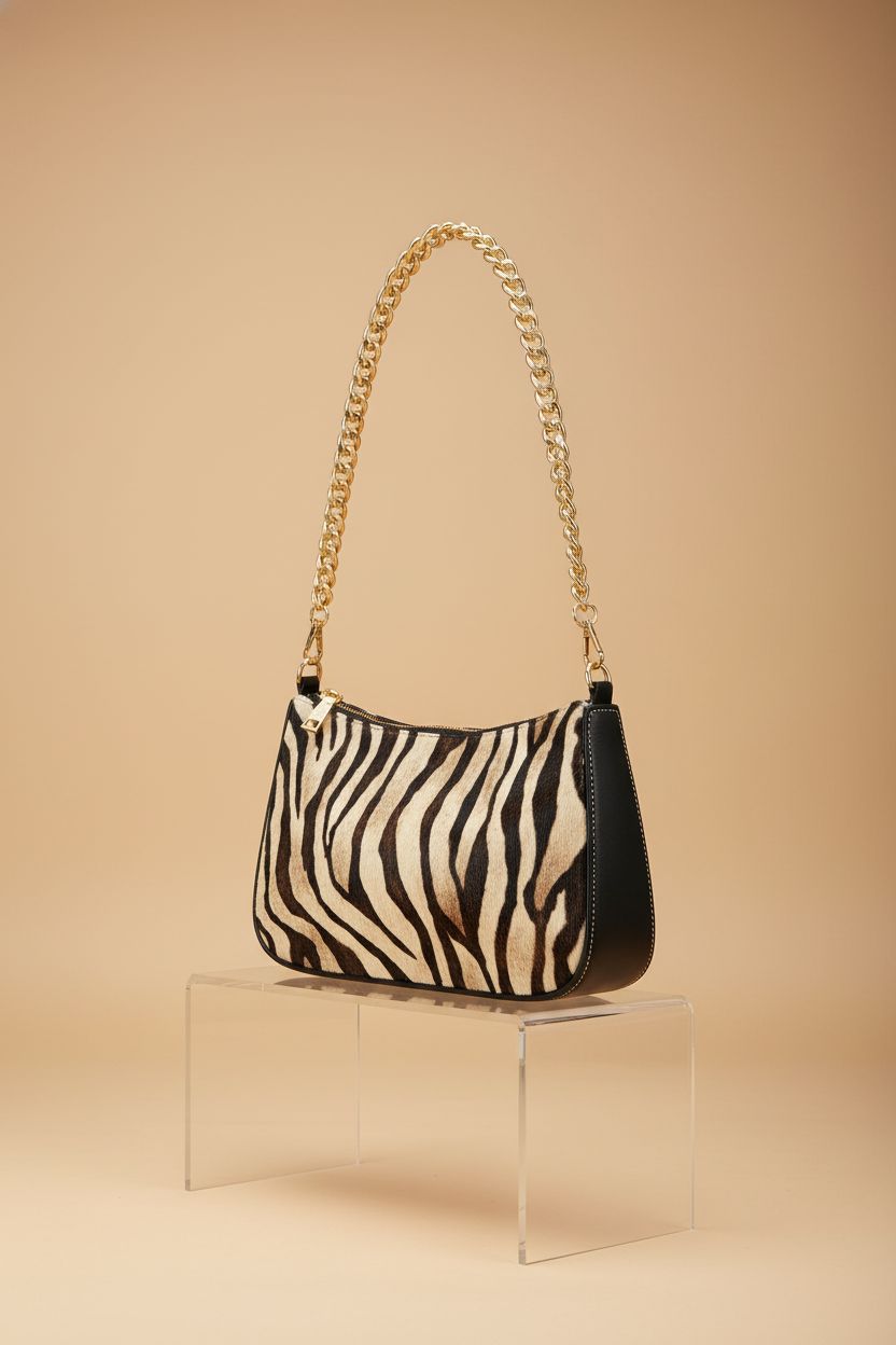 Product shot of ALAZA zebra print purse on a studio backdrop, highlighting zipper and stitching.