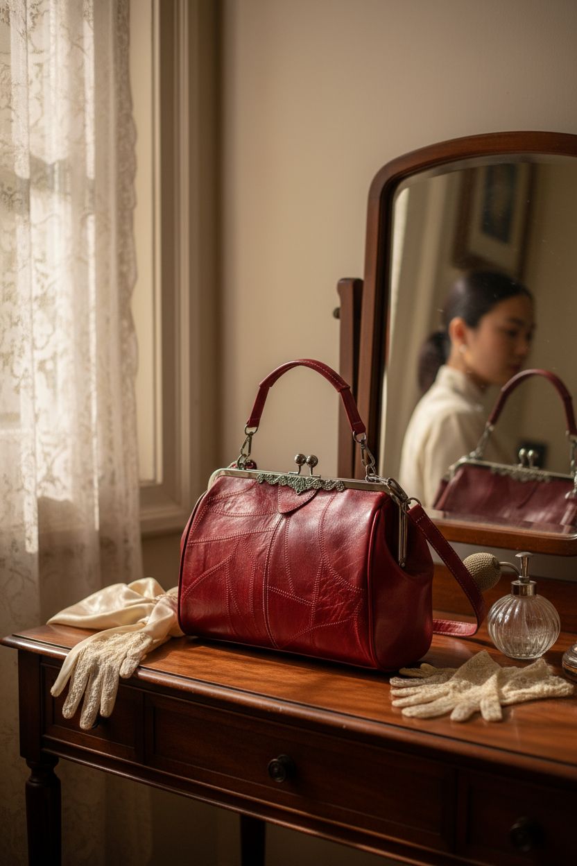 Wivmypog vintage handbag on a walnut vanity in a sunlit parlor, reflecting 1940s elegance.