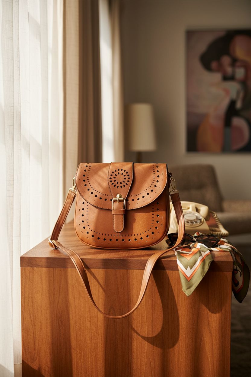 Forestfish brown crossbody bag elegantly draped in a mid-century living room setting, surrounded by vintage decor.