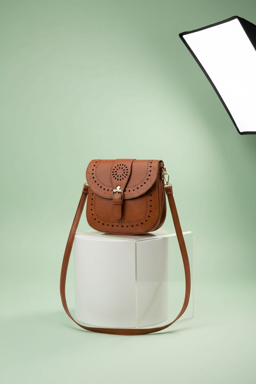 Close-up of Forestfish brown crossbody bag on a clean studio pedestal, highlighting its sleek saddle silhouette and design details.