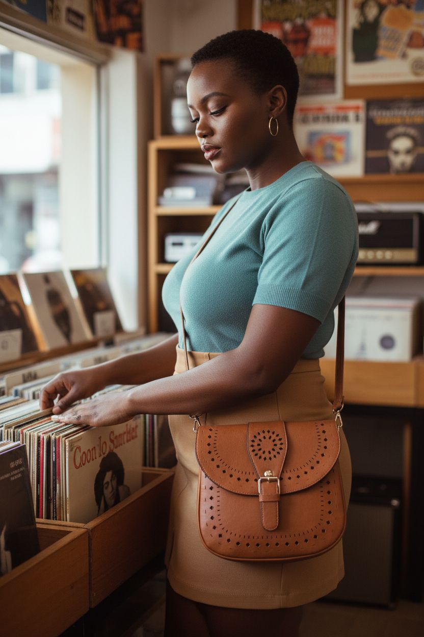 Forestfish brown vintage hollow bag crossbody featured in a retro record shop, showcasing leather grain and perforated flap.