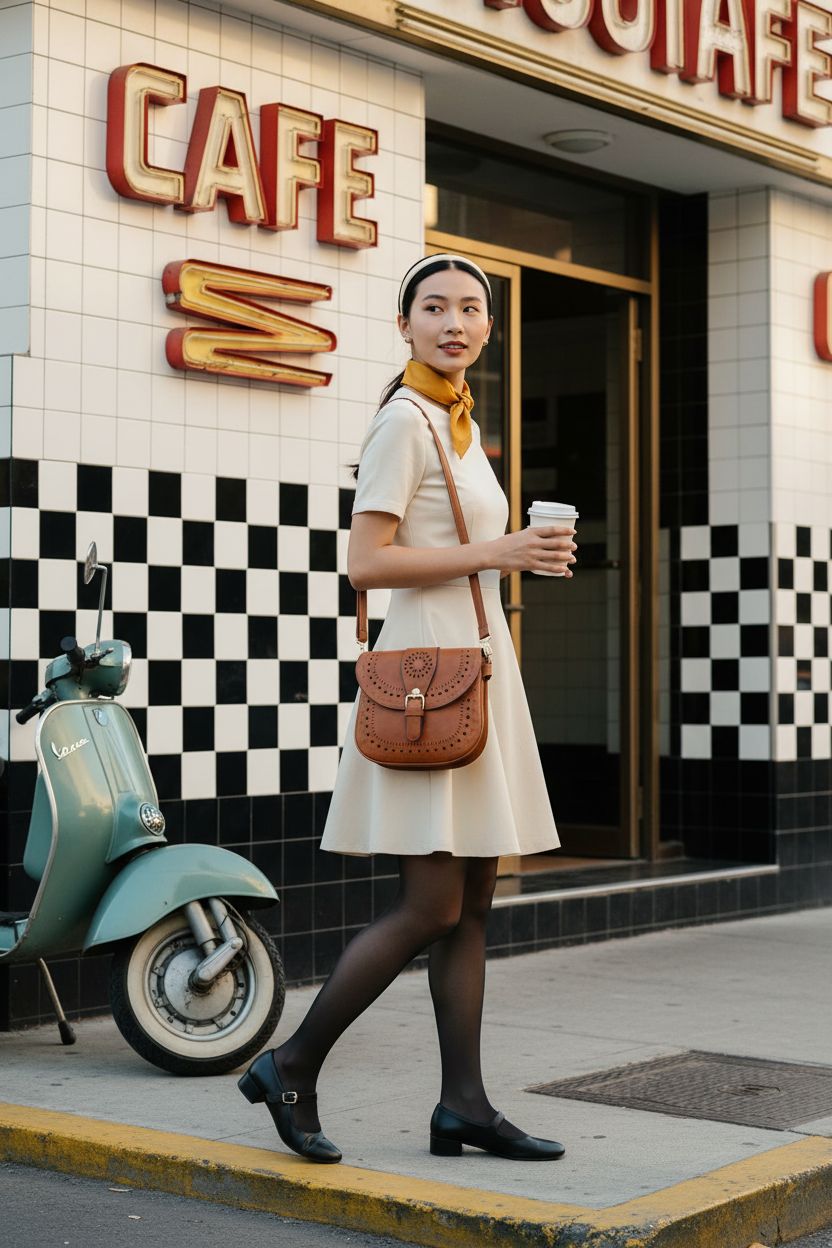 Brown crossbody bag by Forestfish displayed on a 1960s street scene, perfect for casual outings with a nostalgic flair.