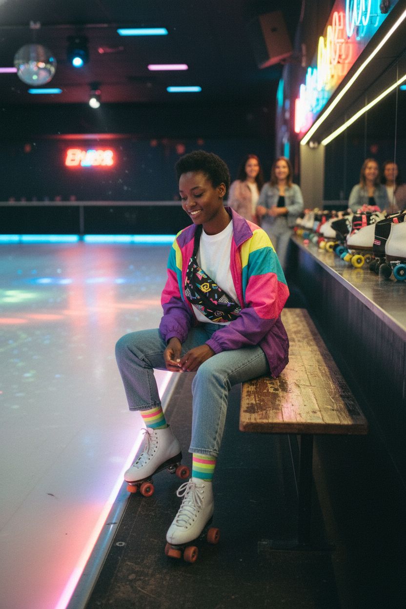 Colorful Memphis-print fanny pack from Clothmile, styled for retro skating vibes