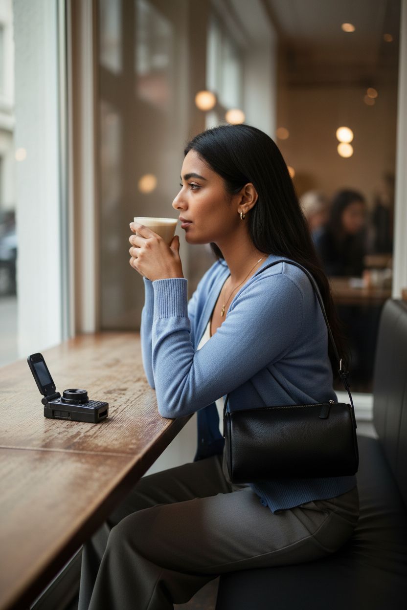 Covelin Small Shoulder Bag in black lychee leather, elegantly held while enjoying coffee in a cozy café setting.