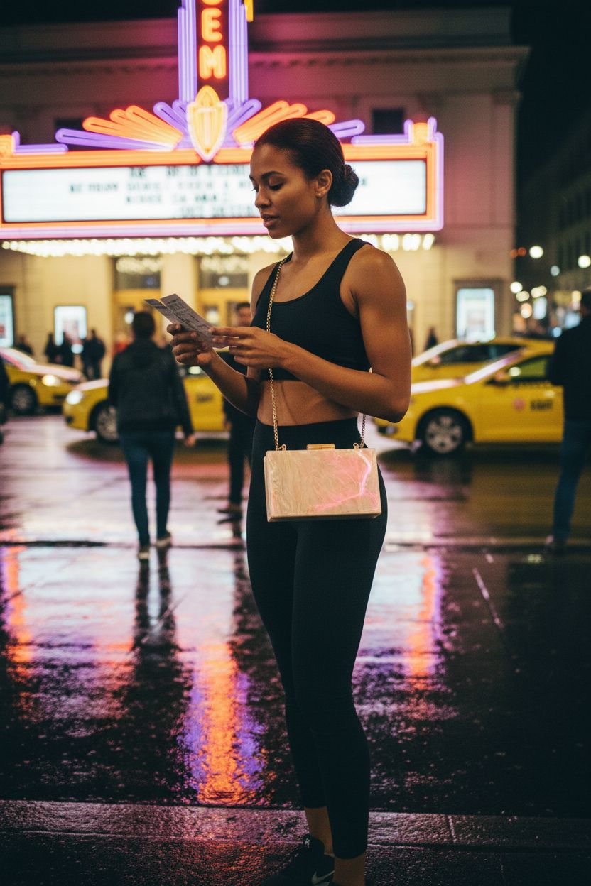LETODE acrylic crossbody bag in apricot color glowing under neon lights on wet pavement.