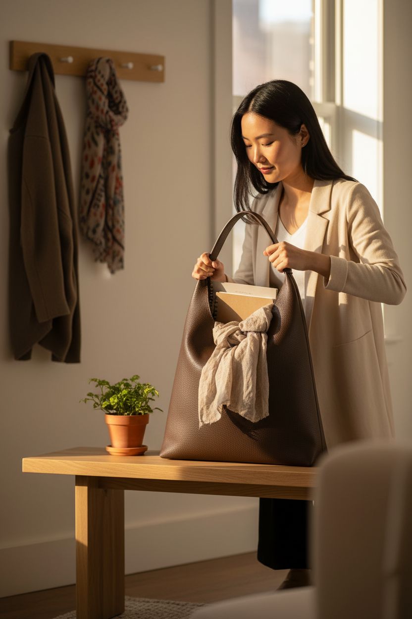 HOXIS Coffee brown Hobo bag on oak bench, soft vegan leather, cozy home setting
