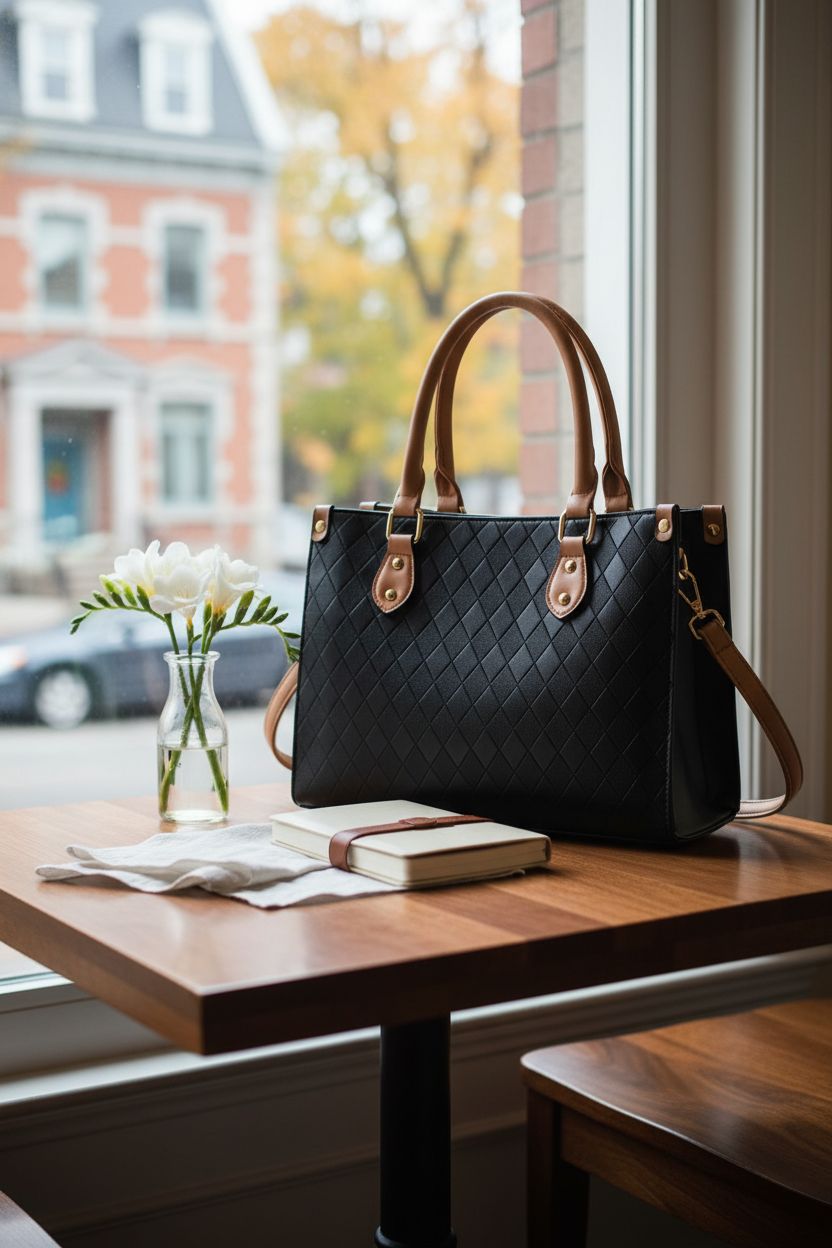 Cozy café scene featuring BAIKELI purse beside a vase, perfect for relaxed moments.