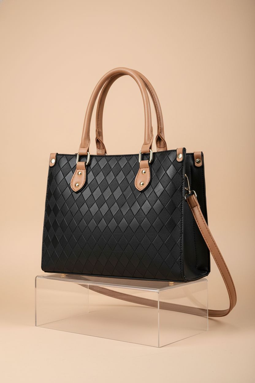 BAIKELI structured handbag on display, highlighting embossed texture and gold-tone hardware.