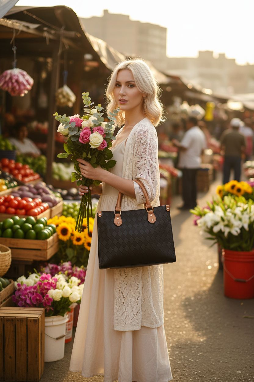 BAIKELI black patterned purse worn crossbody at a vibrant market, perfect for stylish outings.