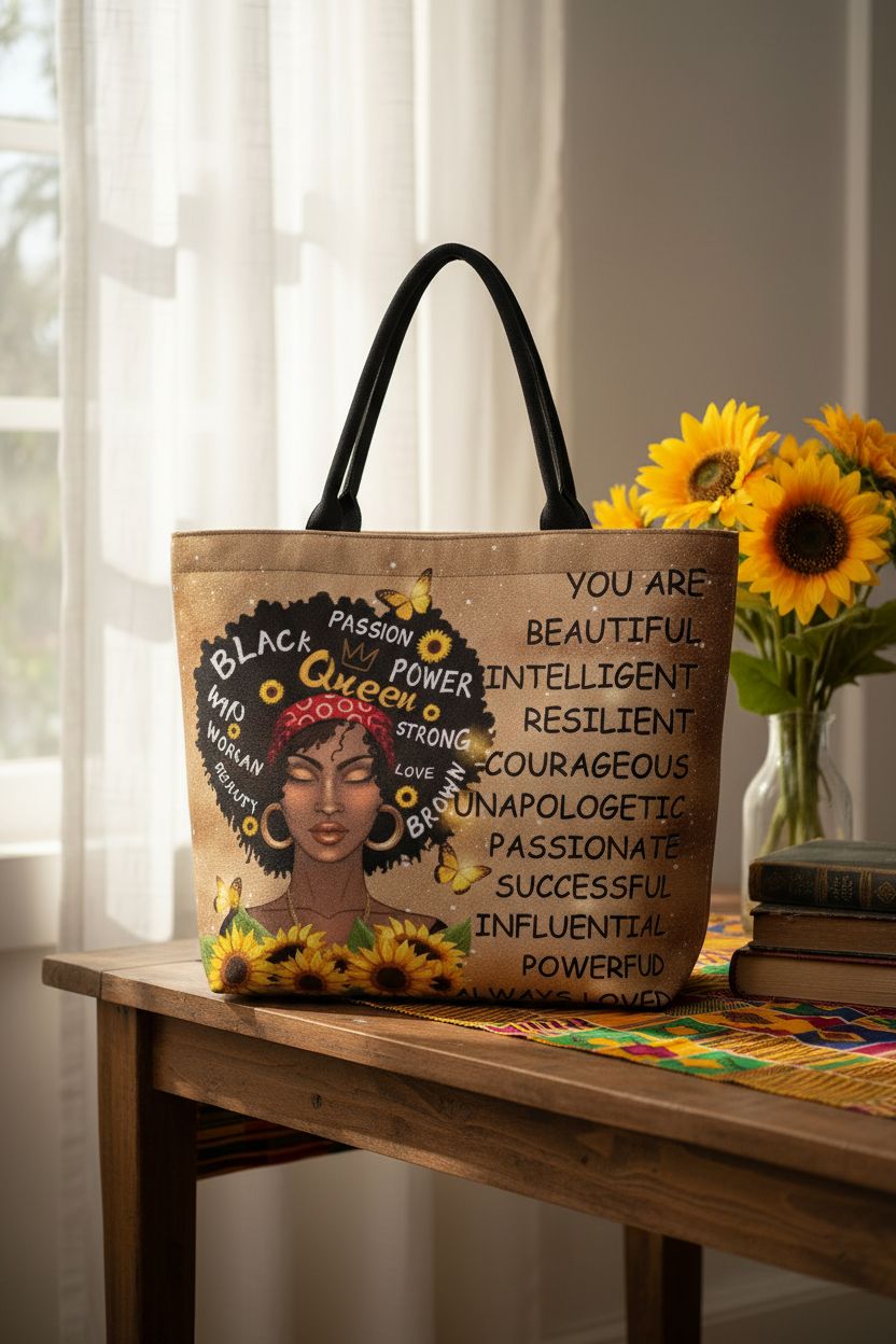 Silkfly African tote bag styled with sunflowers in a cozy home nook.