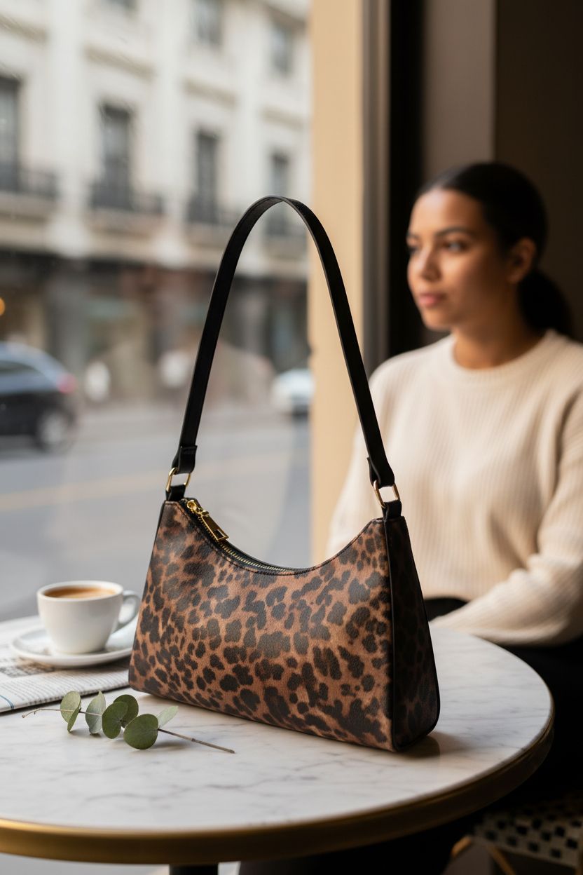 YLYSLFC leopard print purse beside coffee and newspaper in cozy cafe setting, exuding warmth.