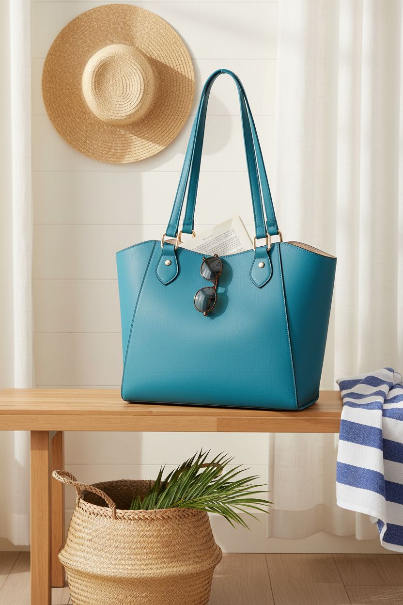 CHICAROUSAL peacock blue tote bag on a sunny coastal entry with beach items