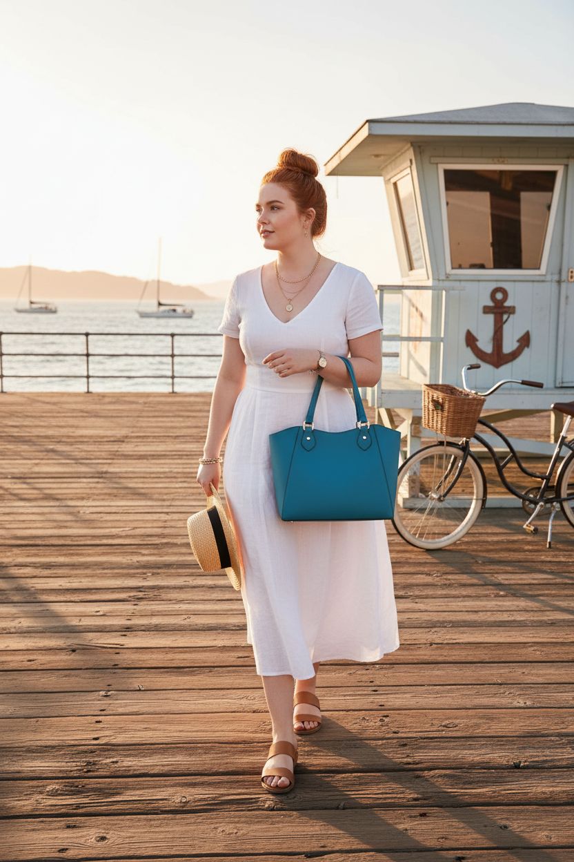 CHICAROUSAL peacock blue tote bag by the seaside during golden hour