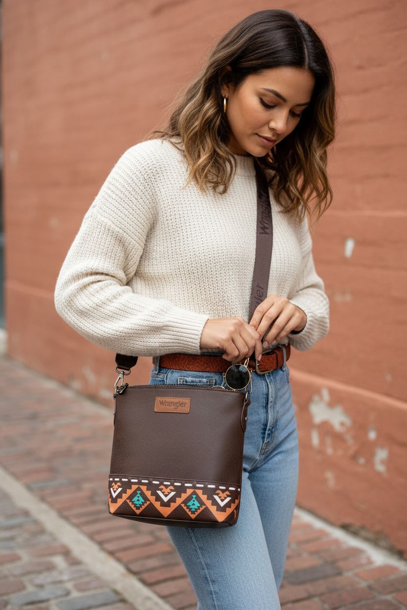 Wrangler Crossbody Aztec purse by Montana West on a sidewalk, showcasing style and accessibility.