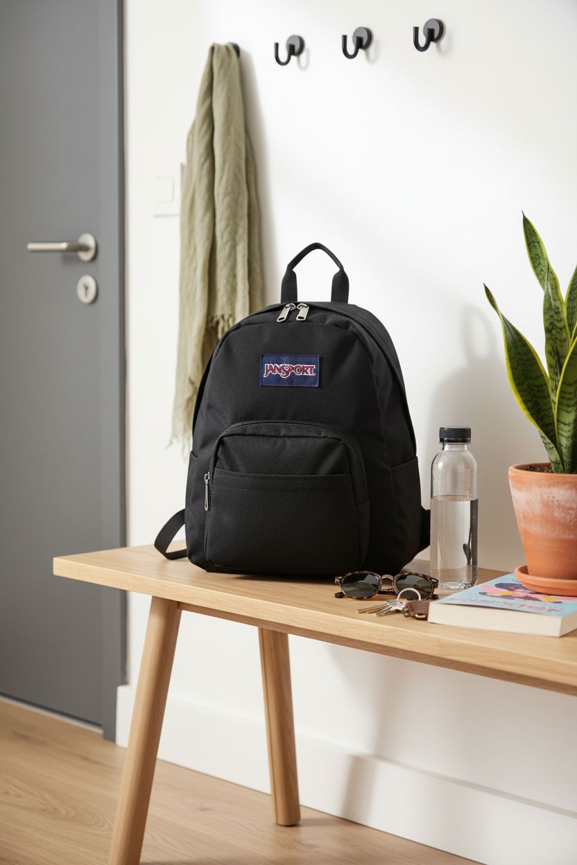 JanSport Half Pint Mini Backpack resting on a bench, surrounded by essentials for a day out.