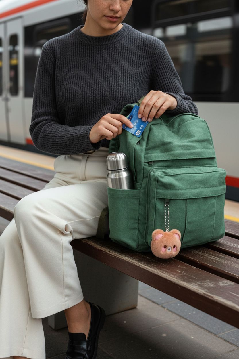 Emerald green Phaoullzon small backpack purse on a bench with travel essentials.