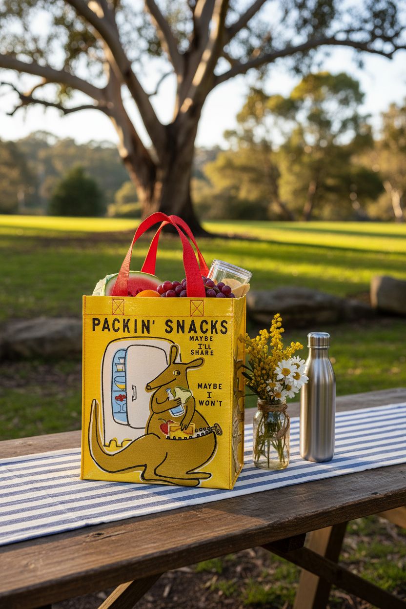 Blue Q Handy Tote on a picnic table, showcasing fruits and snacks in a park setting.