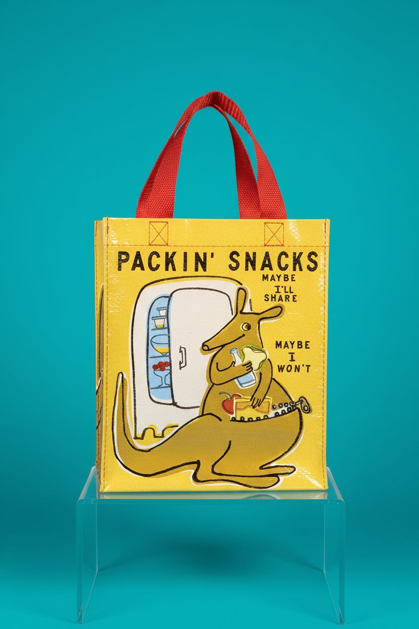 Close-up of Blue Q Handy Tote highlighting its recycled material and vibrant print.