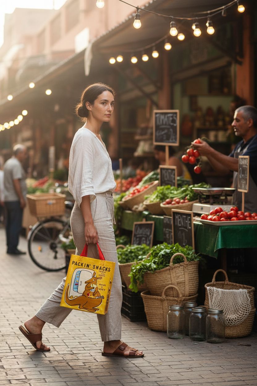 Bright yellow Blue Q Handy Tote made from recycled materials at a farmers' market.