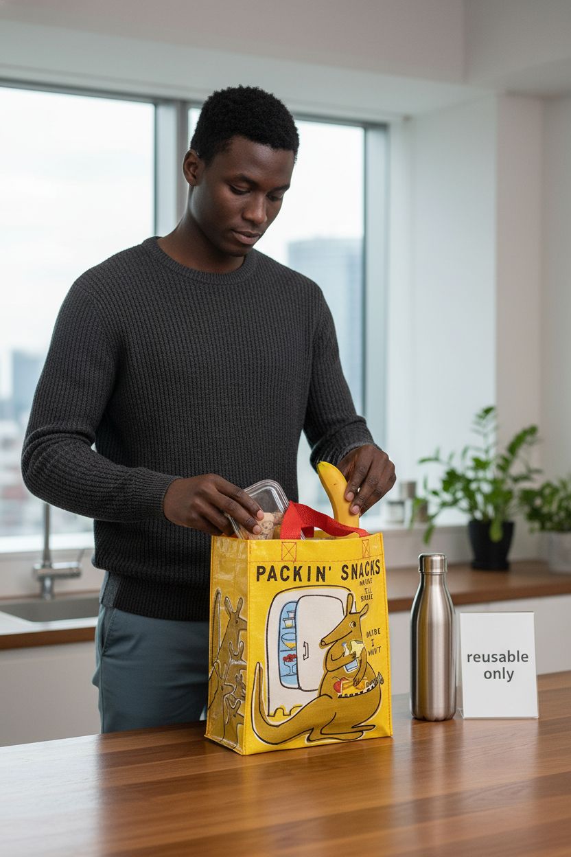 Blue Q Handy Tote in an office setting, filled with lunch essentials and eco-friendly items.