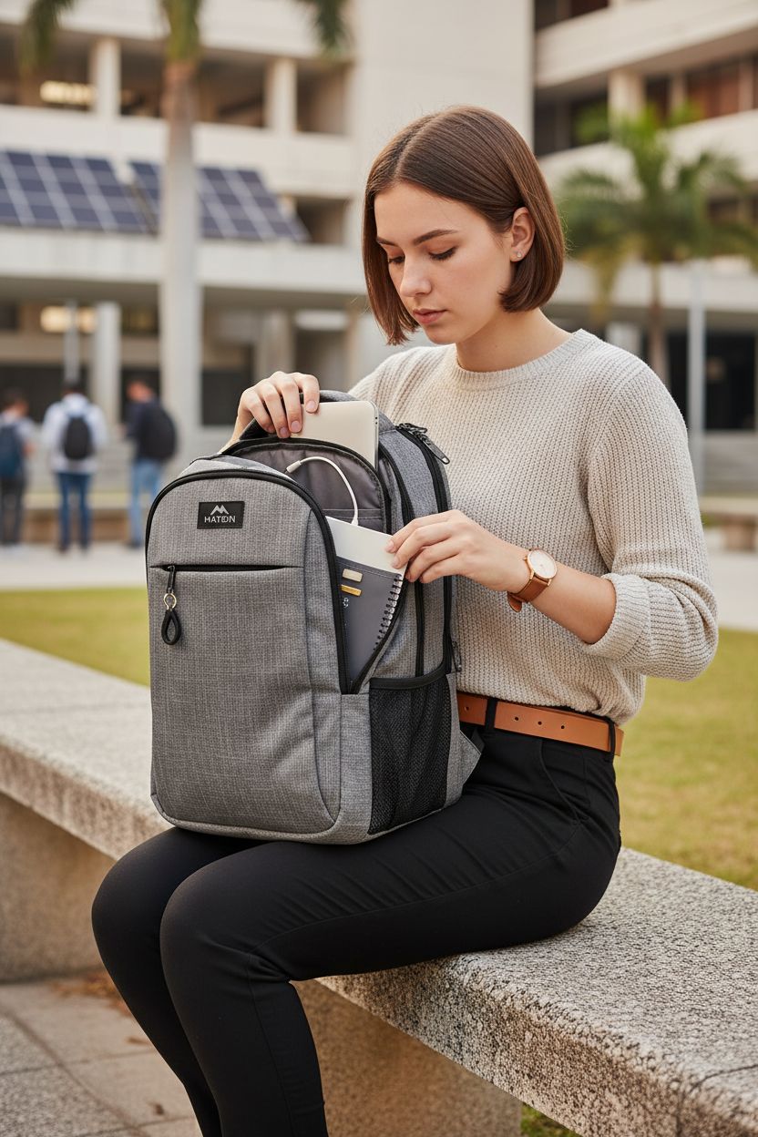MATEIN Travel Laptop Backpack in grey, showcasing padded sleeve and USB port, ideal for students.