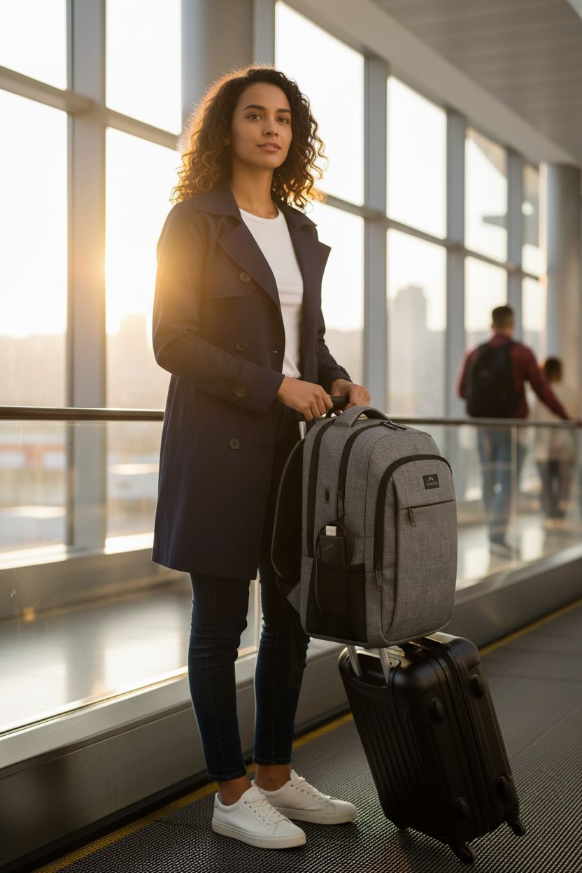 MATEIN Grey Laptop Backpack in an airport, featuring USB charging port, perfect for travel.