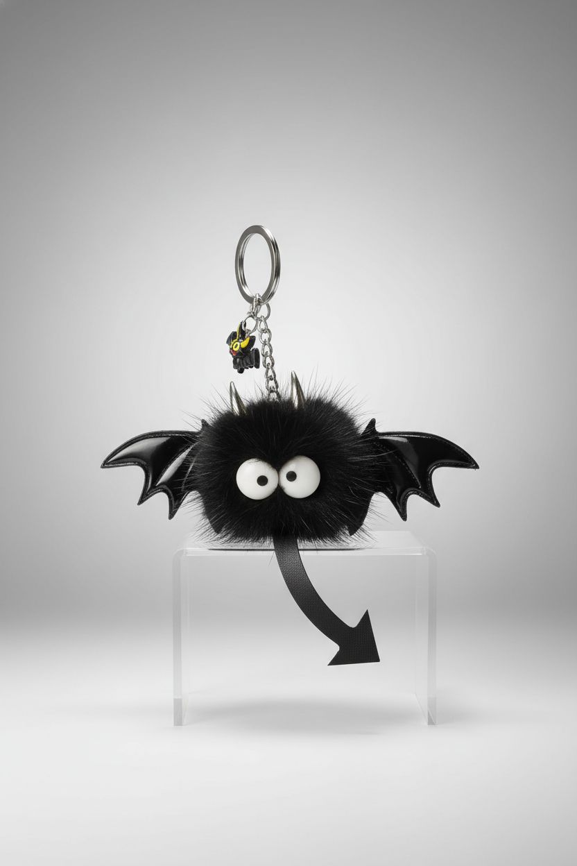 Fosrion bat purse charm displayed on a clear acrylic riser, showcasing its luxurious mink fur and design.