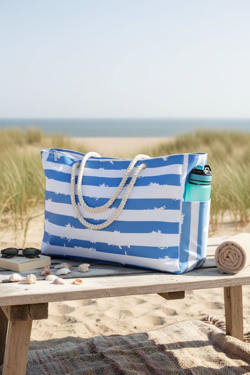 SRISE beach bag on a driftwood table, surrounded by picnic essentials and seashells.