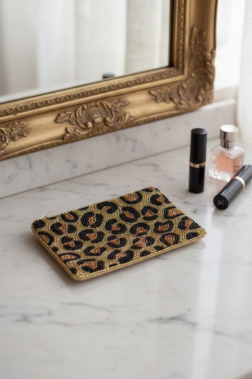 Pretty Robes leopard print beaded coin purse on a vanity with perfume