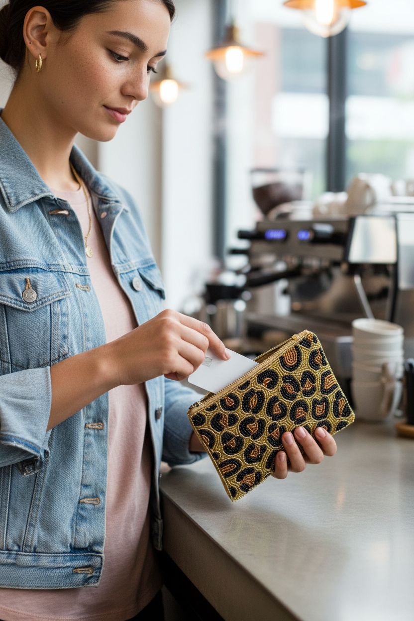 Pretty Robes leopard print beaded coin purse unzipped at a cafe register