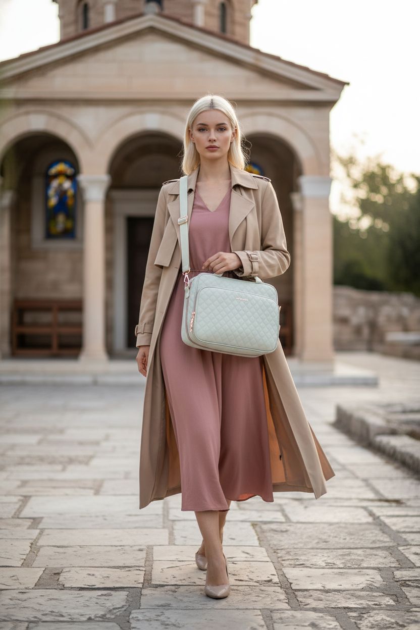 Light sage quilted IMAGINING Bible bag worn crossbody with a dusty-rose dress on a stone path