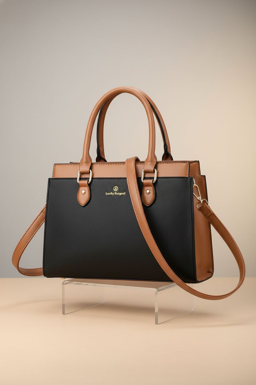 KURGOOL black and brown tote purse elegantly showcased on a minimal backdrop, highlighting its craftsmanship and gold accents.