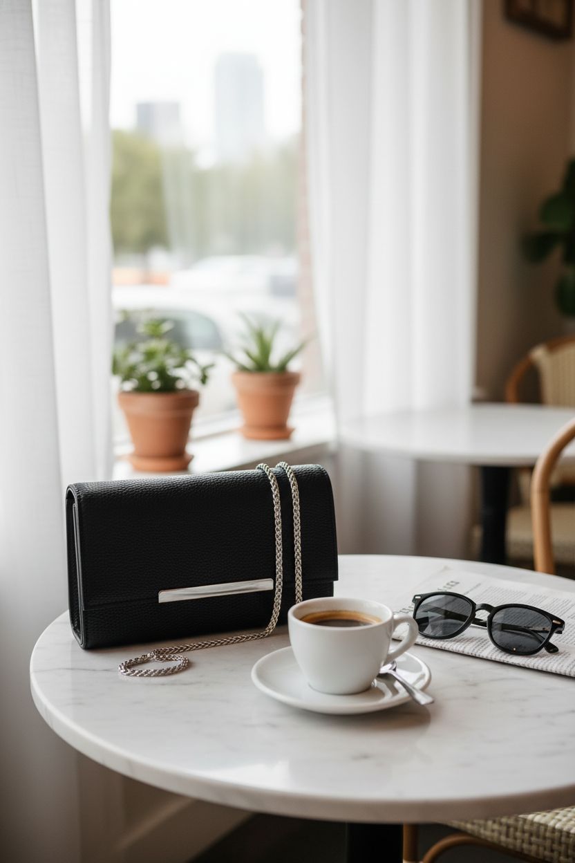 AFKOMST black purse on marble table, exuding elegance with morning light ambiance.