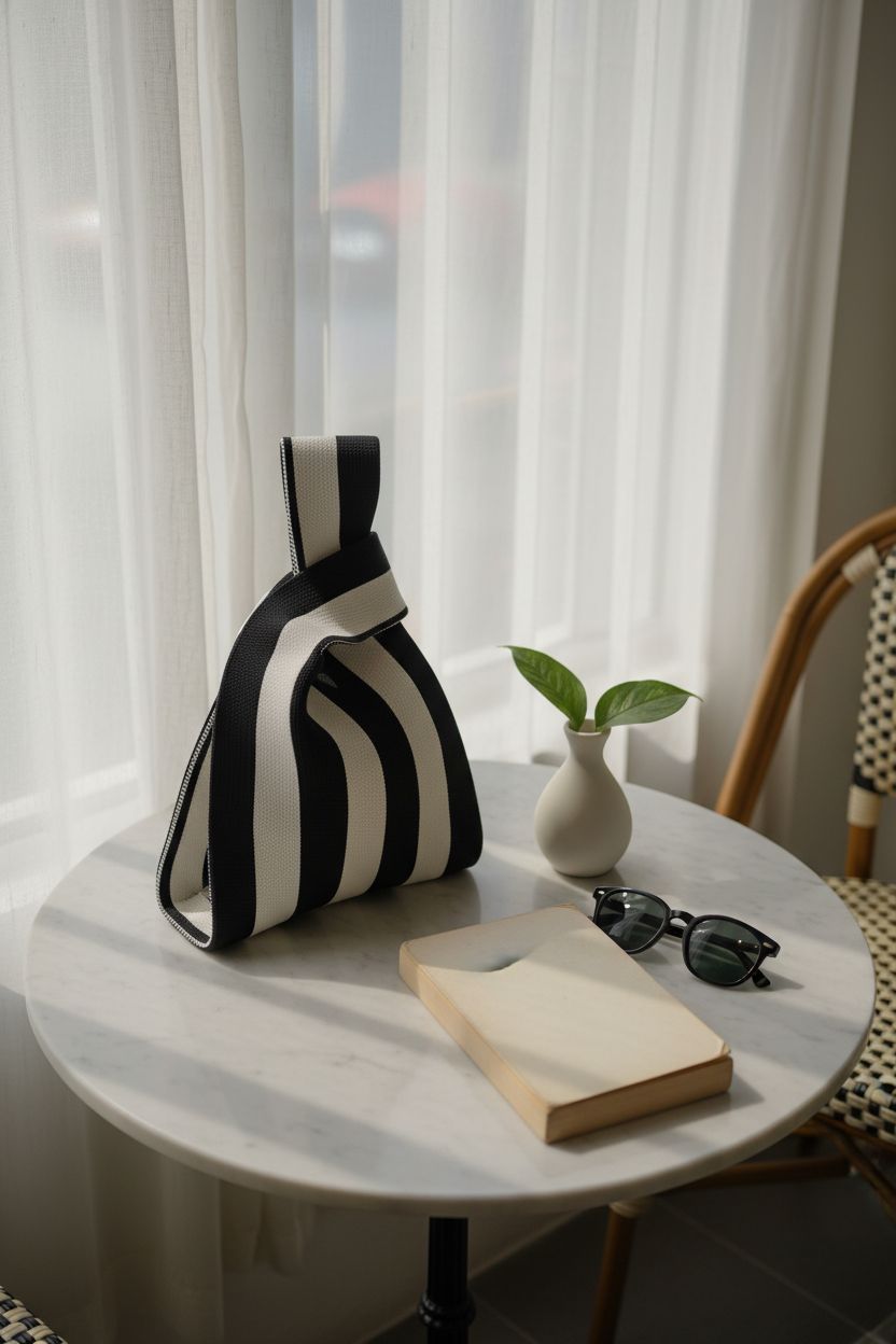 Anopo black and white purse elegantly placed on a bistro table with morning light, highlighting its crochet style.