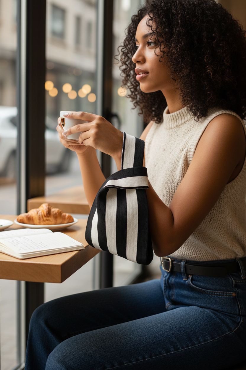 Anopo black and white knotted wristlet bag on a café table, perfect for casual outings with its chic design.